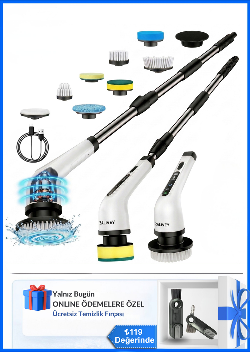 Zahmetsiz Temizlik - Zalivey Çok Başlıklı Şarjlı Dijital Temizlik Fırçası